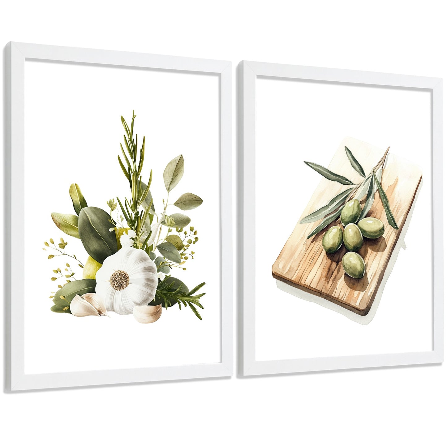 Set de 2 Láminas Cocina Mediterránea Cuadros Pared Ajo Hierbas y Aceitunas Acuarela Botánica Póster Decoración Comedor
