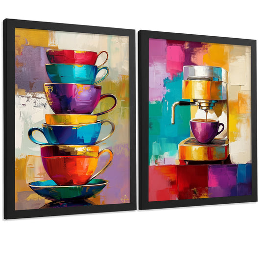 Set de 2 Láminas Café Pop Art Colorido Cuadros Cocina Tazas y Cafetera Espresso Abstracto Póster Decoración Pared Comedor