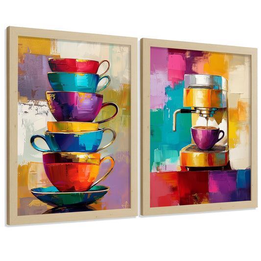 Set de 2 Láminas Café Pop Art Colorido Cuadros Cocina Tazas y Cafetera Espresso Abstracto Póster Decoración Pared Comedor