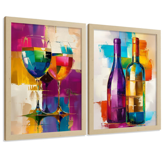 Set de 2 Láminas Vino Pop Art Colorido Cuadros Cocina Copas y Botellas Abstracto Moderno Póster Decoración Pared Comedor