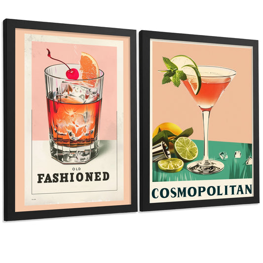 Set de 2 Láminas Cócteles Vintage Cuadros Cocina Old Fashioned y Cosmopolitan Retro Póster Decoración Pared Bar Comedor