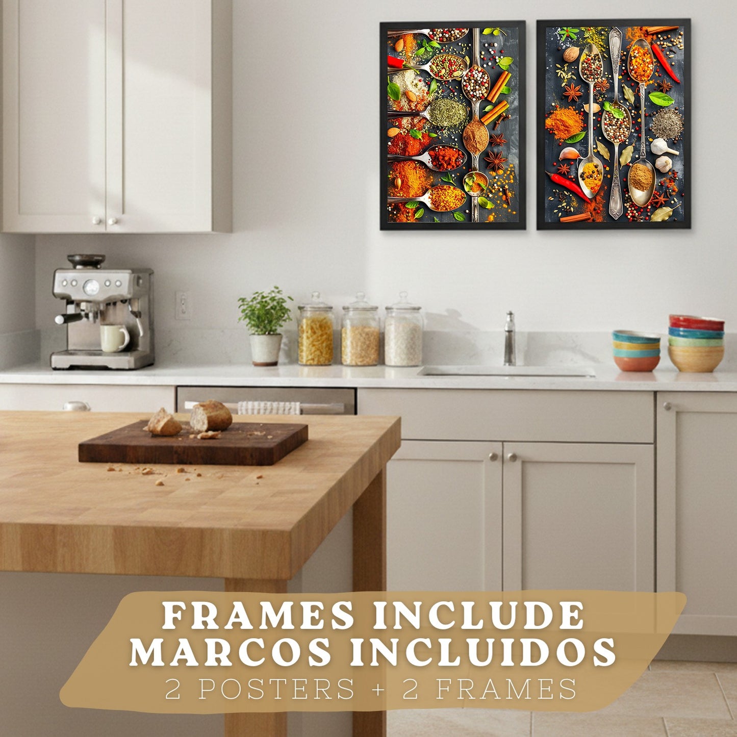 Set de 2 Láminas Cocina Gastronómica Cuadros Pared Hierbas y Especias en Cucharas Póster Decoración Comedor