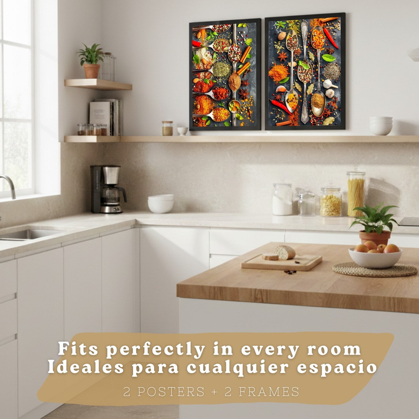 Set de 2 Láminas Cocina Gastronómica Cuadros Pared Hierbas y Especias en Cucharas Póster Decoración Comedor