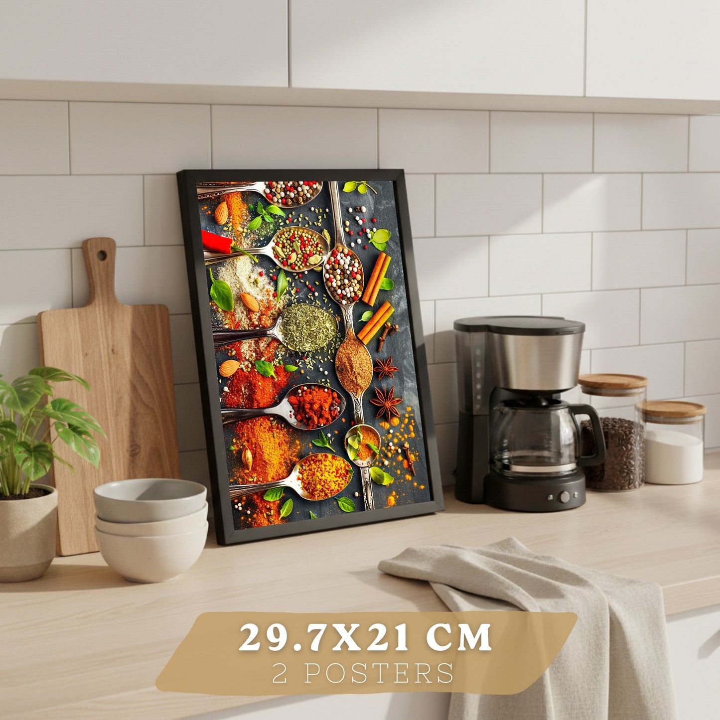 Set de 2 Láminas Cocina Gastronómica Cuadros Pared Hierbas y Especias en Cucharas Póster Decoración Comedor