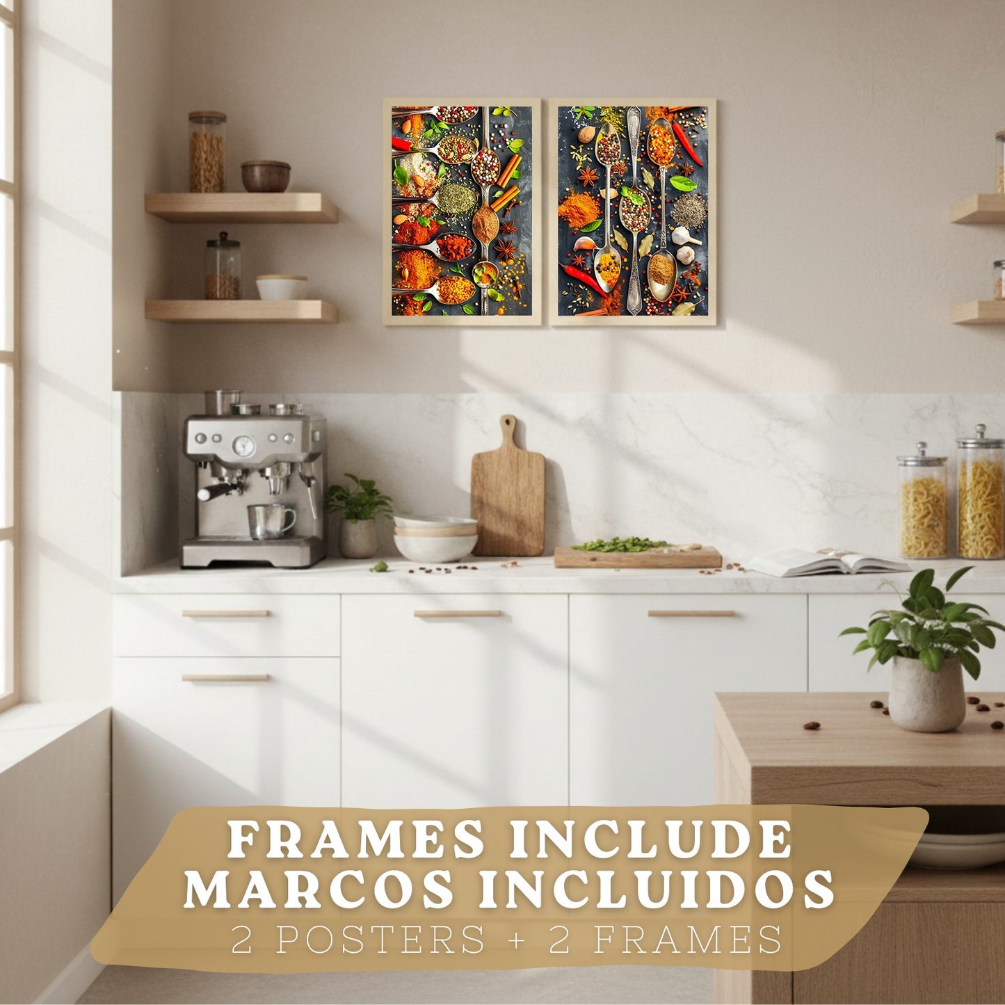 Set de 2 Láminas Cocina Gastronómica Cuadros Pared Hierbas y Especias en Cucharas Póster Decoración Comedor