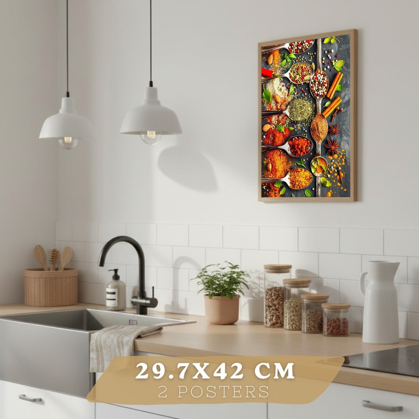 Set de 2 Láminas Cocina Gastronómica Cuadros Pared Hierbas y Especias en Cucharas Póster Decoración Comedor