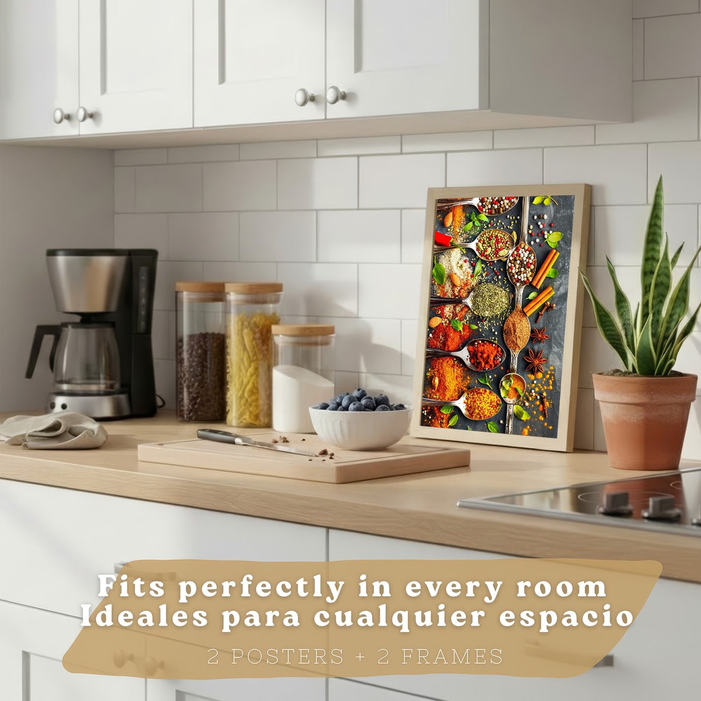 Set de 2 Láminas Cocina Gastronómica Cuadros Pared Hierbas y Especias en Cucharas Póster Decoración Comedor
