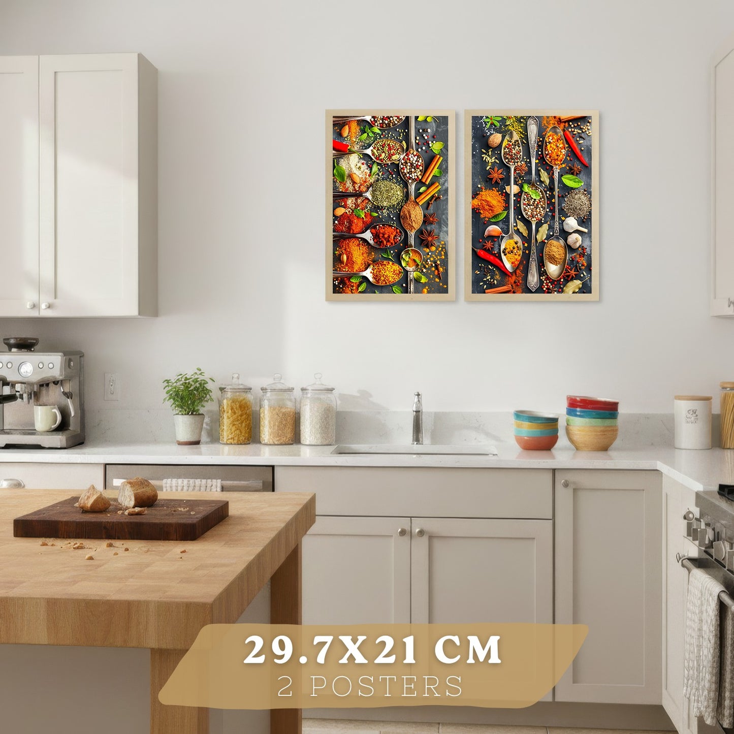 Set de 2 Láminas Cocina Gastronómica Cuadros Pared Hierbas y Especias en Cucharas Póster Decoración Comedor