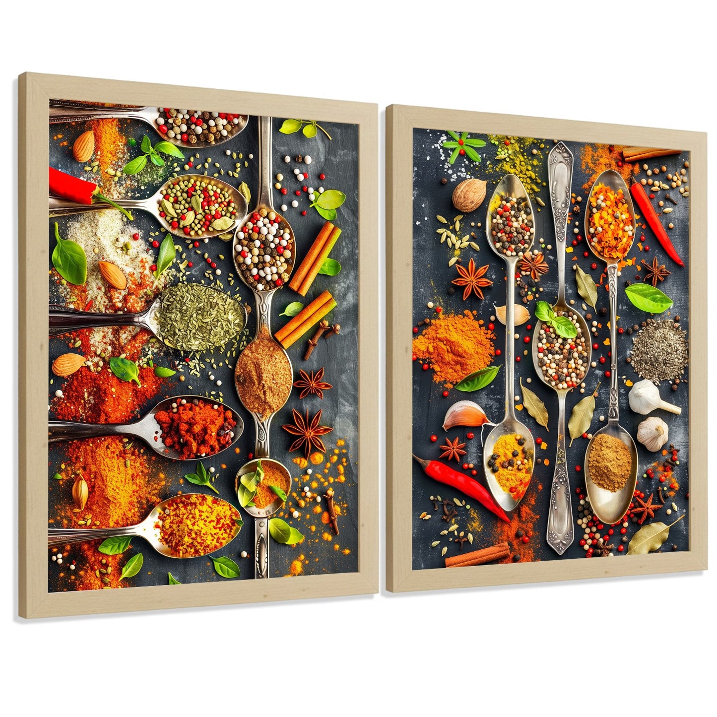 Set de 2 Láminas Cocina Gastronómica Cuadros Pared Hierbas y Especias en Cucharas Póster Decoración Comedor