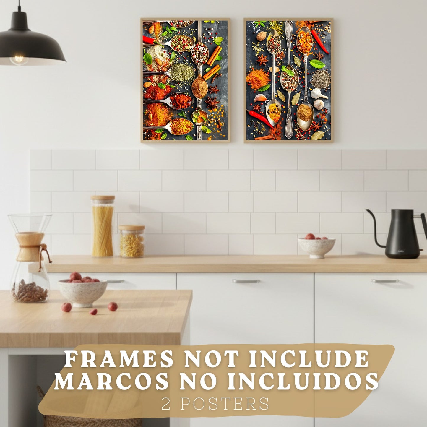 Set de 2 Láminas Cocina Gastronómica Cuadros Pared Hierbas y Especias en Cucharas Póster Decoración Comedor