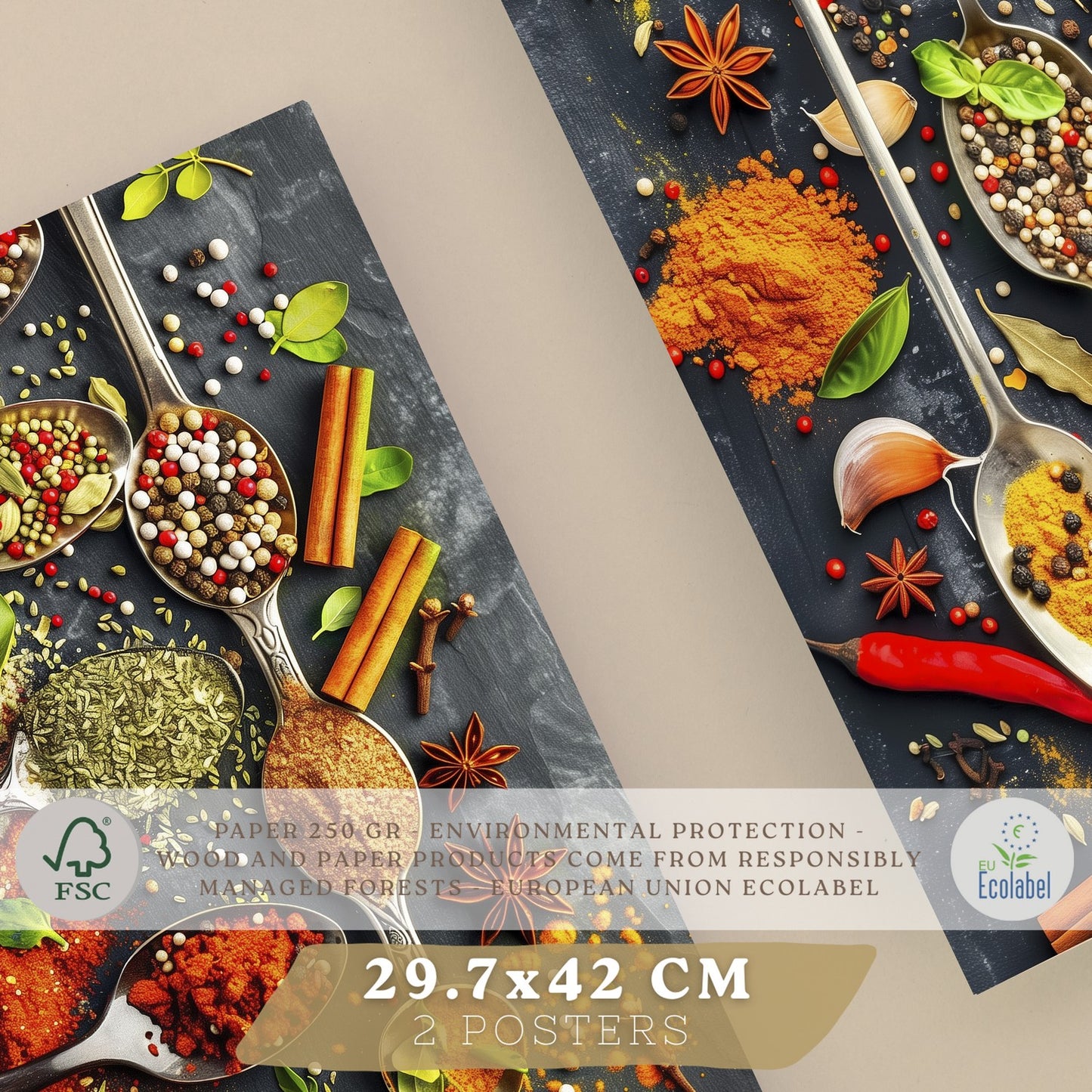 Set de 2 Láminas Cocina Gastronómica Cuadros Pared Hierbas y Especias en Cucharas Póster Decoración Comedor