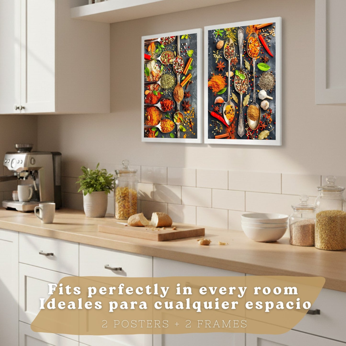 Set de 2 Láminas Cocina Gastronómica Cuadros Pared Hierbas y Especias en Cucharas Póster Decoración Comedor