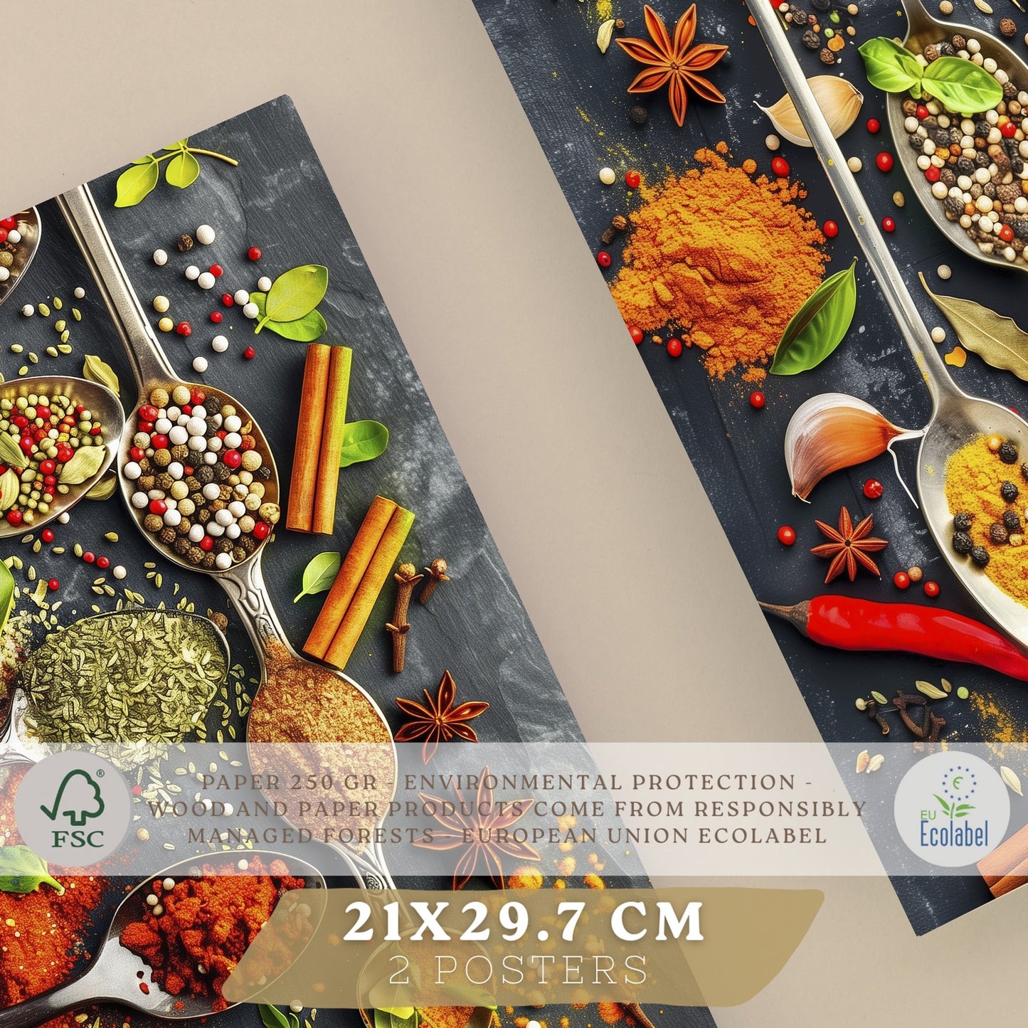 Set de 2 Láminas Cocina Gastronómica Cuadros Pared Hierbas y Especias en Cucharas Póster Decoración Comedor
