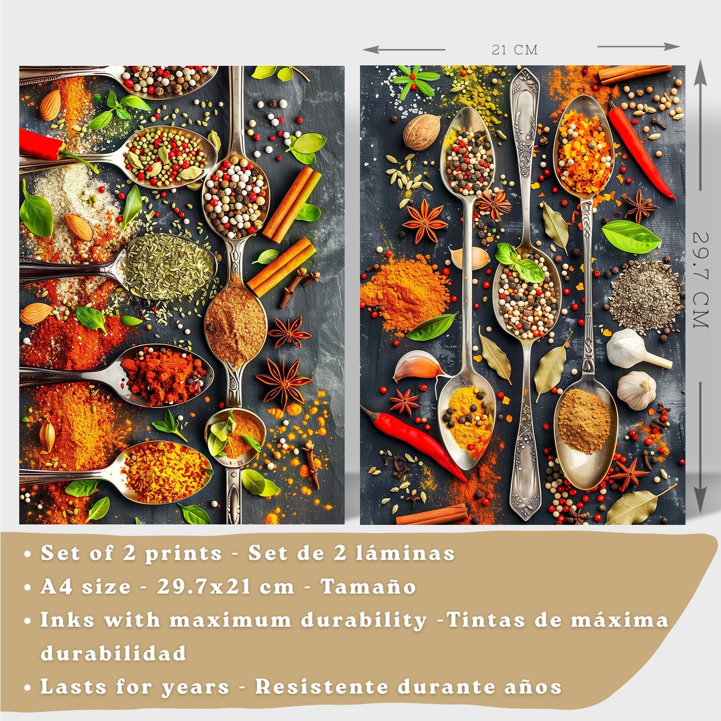 Set de 2 Láminas Cocina Gastronómica Cuadros Pared Hierbas y Especias en Cucharas Póster Decoración Comedor