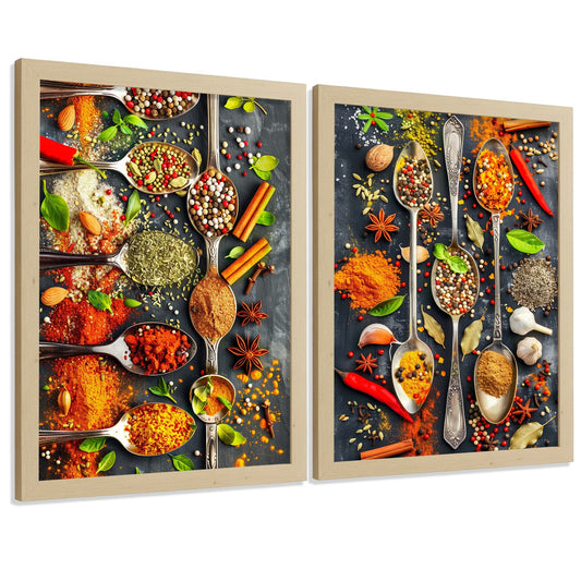 Set de 2 Láminas Cocina Gastronómica Cuadros Pared Hierbas y Especias en Cucharas Póster Decoración Comedor