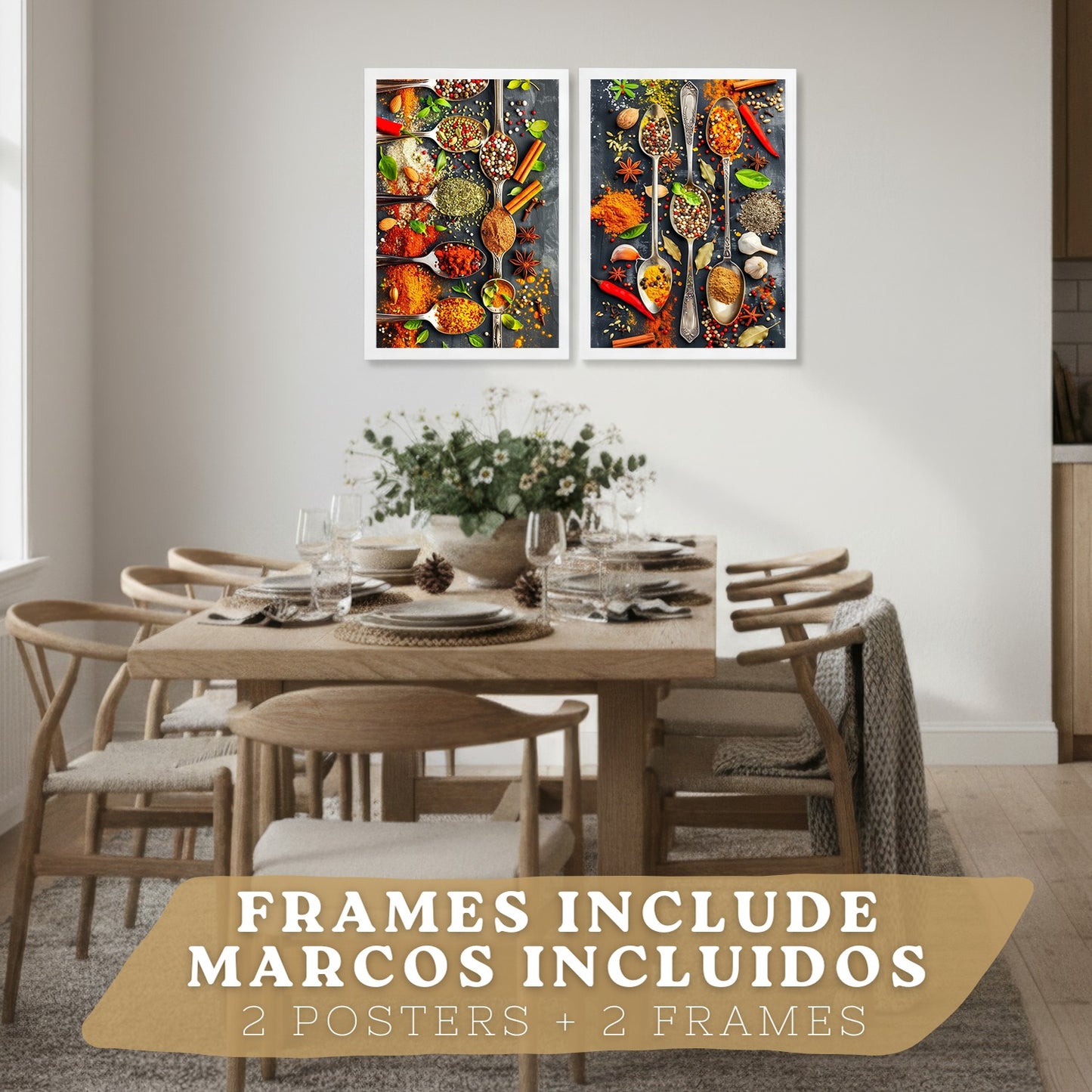 Set de 2 Láminas Cocina Gastronómica Cuadros Pared Hierbas y Especias en Cucharas Póster Decoración Comedor