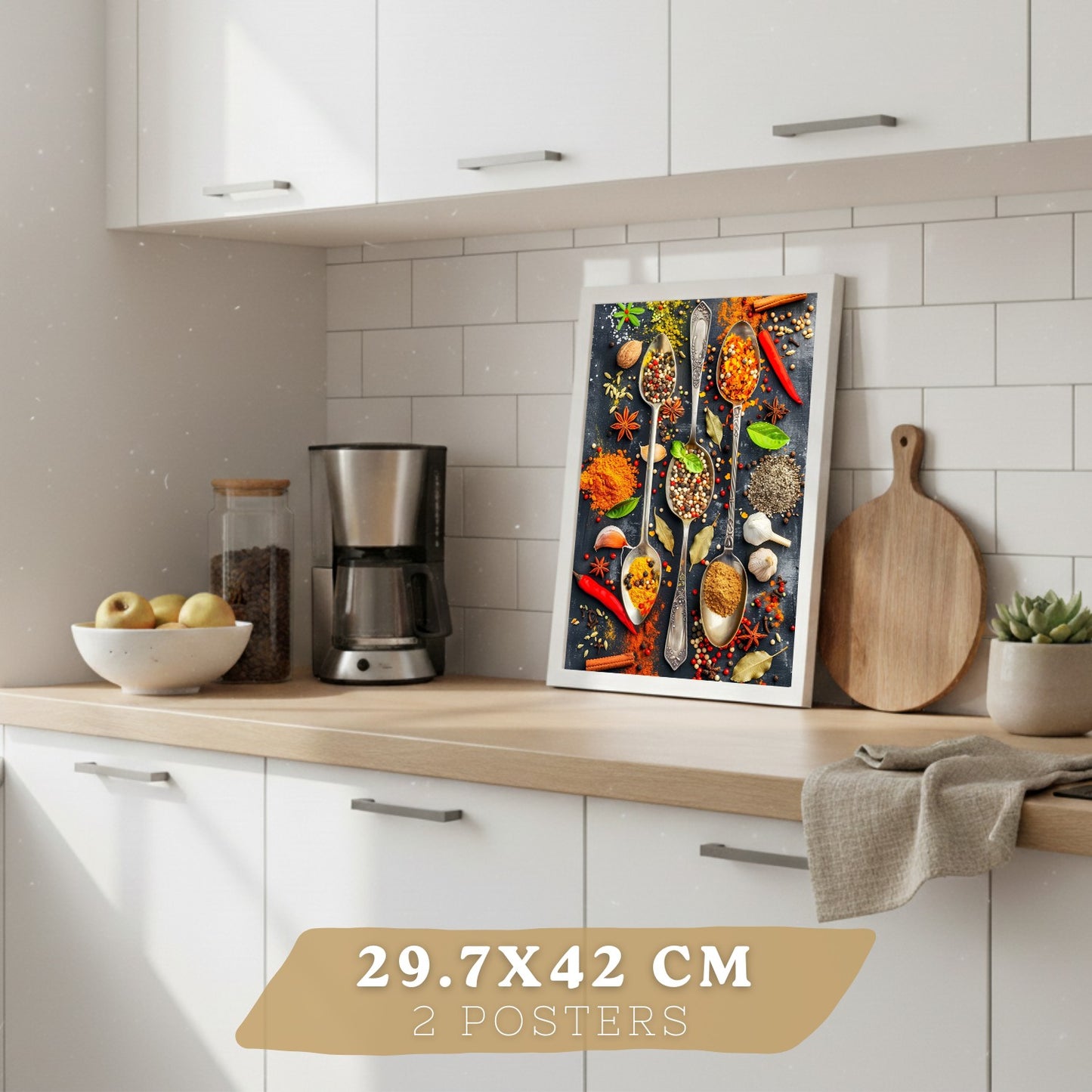 Set de 2 Láminas Cocina Gastronómica Cuadros Pared Hierbas y Especias en Cucharas Póster Decoración Comedor