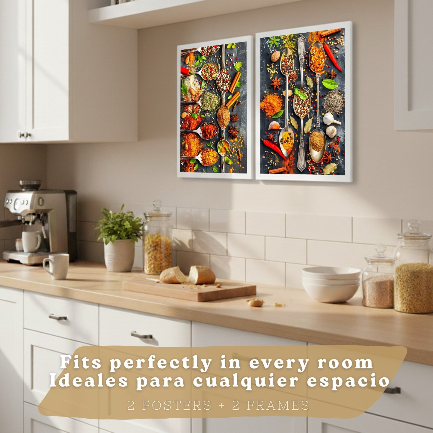 Set de 2 Láminas Cocina Gastronómica Cuadros Pared Hierbas y Especias en Cucharas Póster Decoración Comedor
