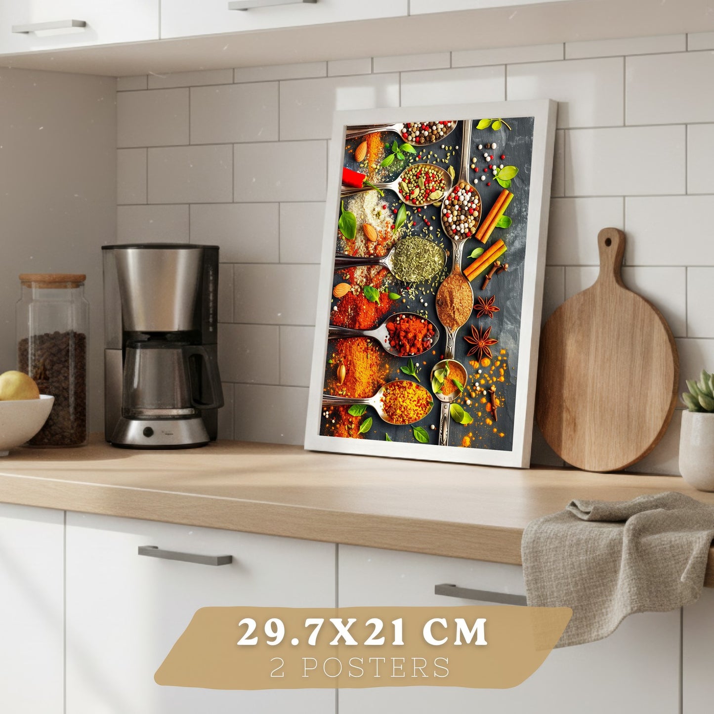 Set de 2 Láminas Cocina Gastronómica Cuadros Pared Hierbas y Especias en Cucharas Póster Decoración Comedor