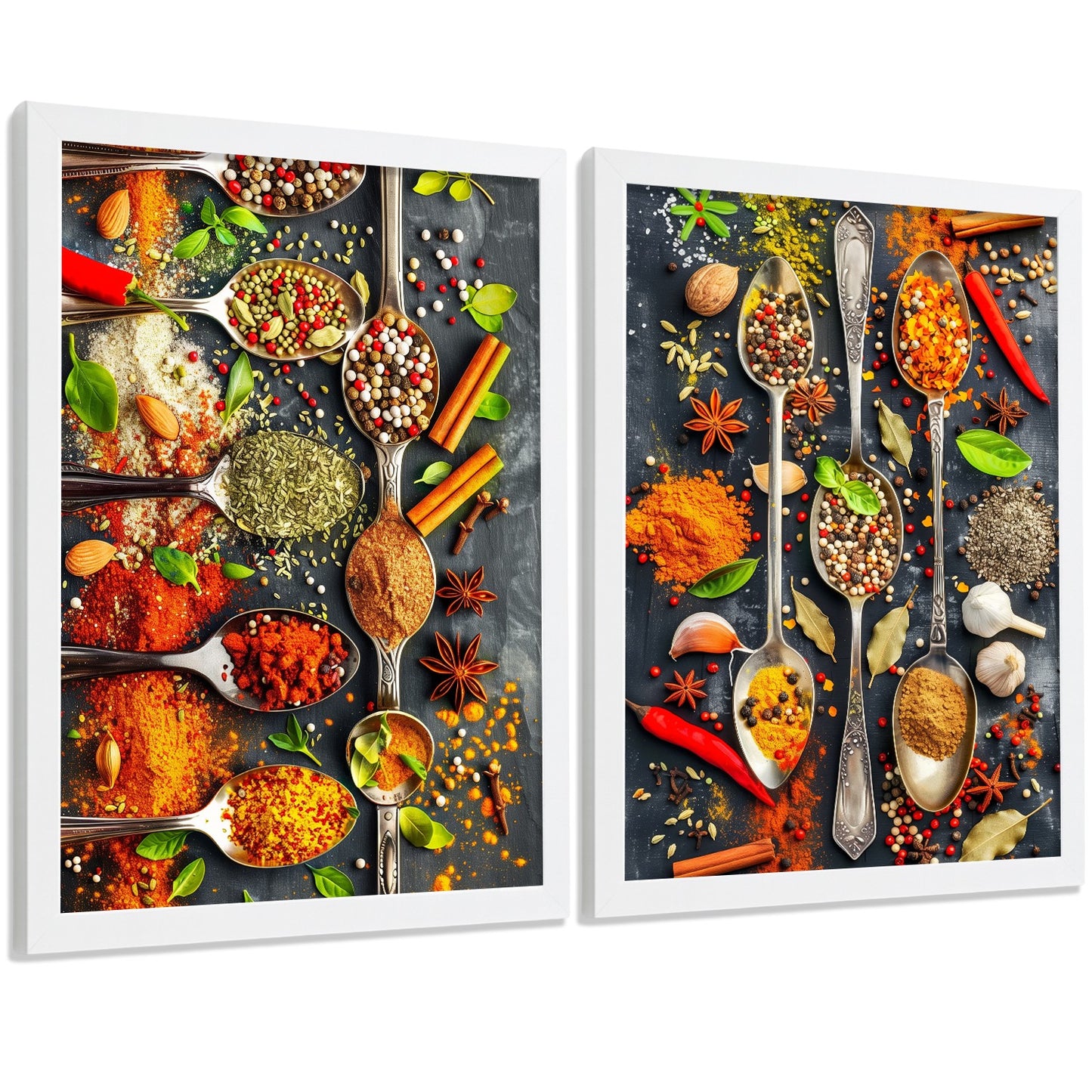 Set de 2 Láminas Cocina Gastronómica Cuadros Pared Hierbas y Especias en Cucharas Póster Decoración Comedor
