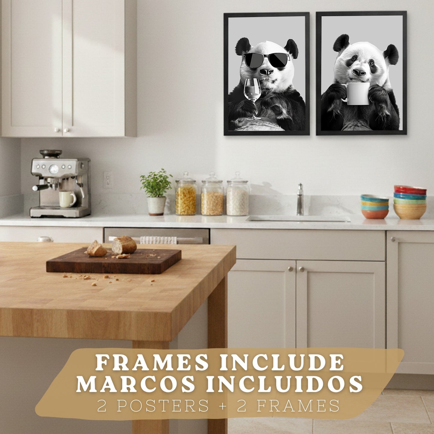 Set de 2 Láminas Panda Divertido Blanco y Negro Cuadros Cocina Animal Copa Vino y Taza Café Póster Decoración Pared