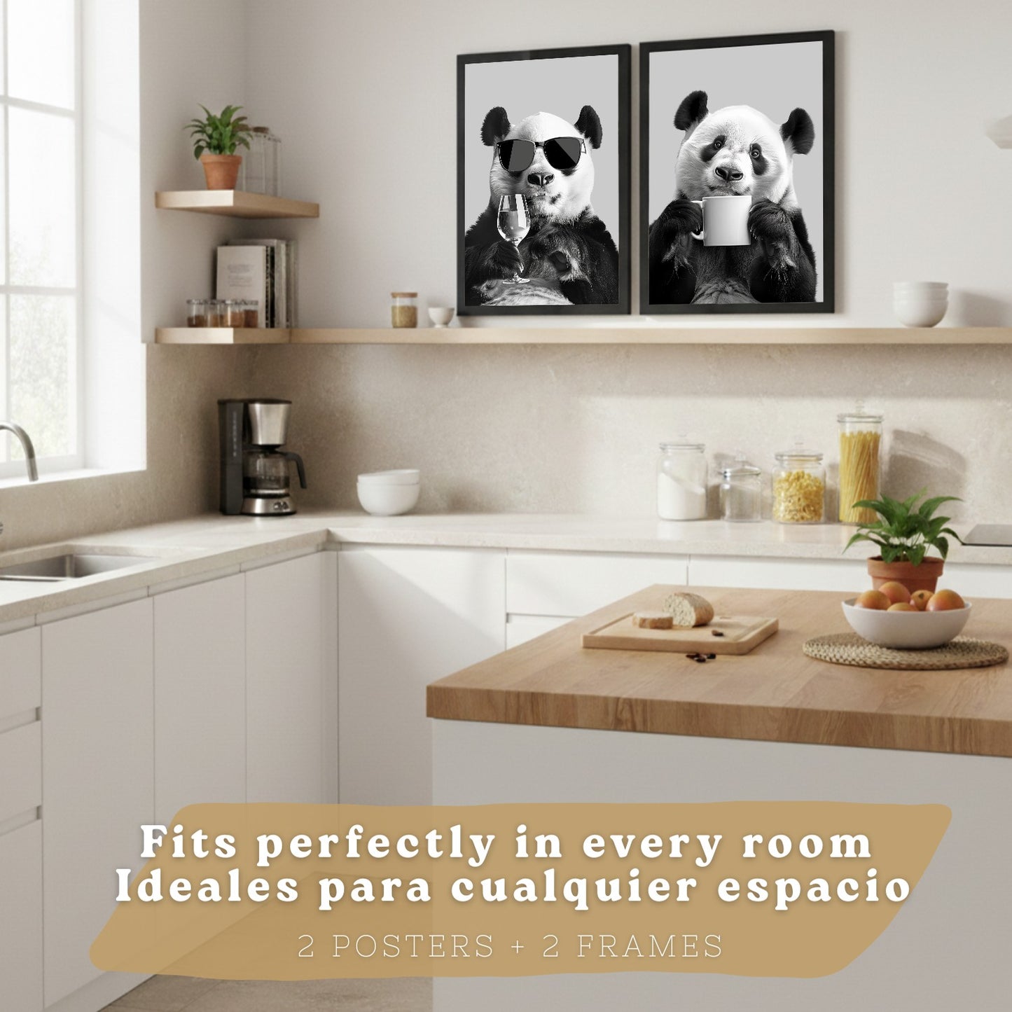 Set de 2 Láminas Panda Divertido Blanco y Negro Cuadros Cocina Animal Copa Vino y Taza Café Póster Decoración Pared