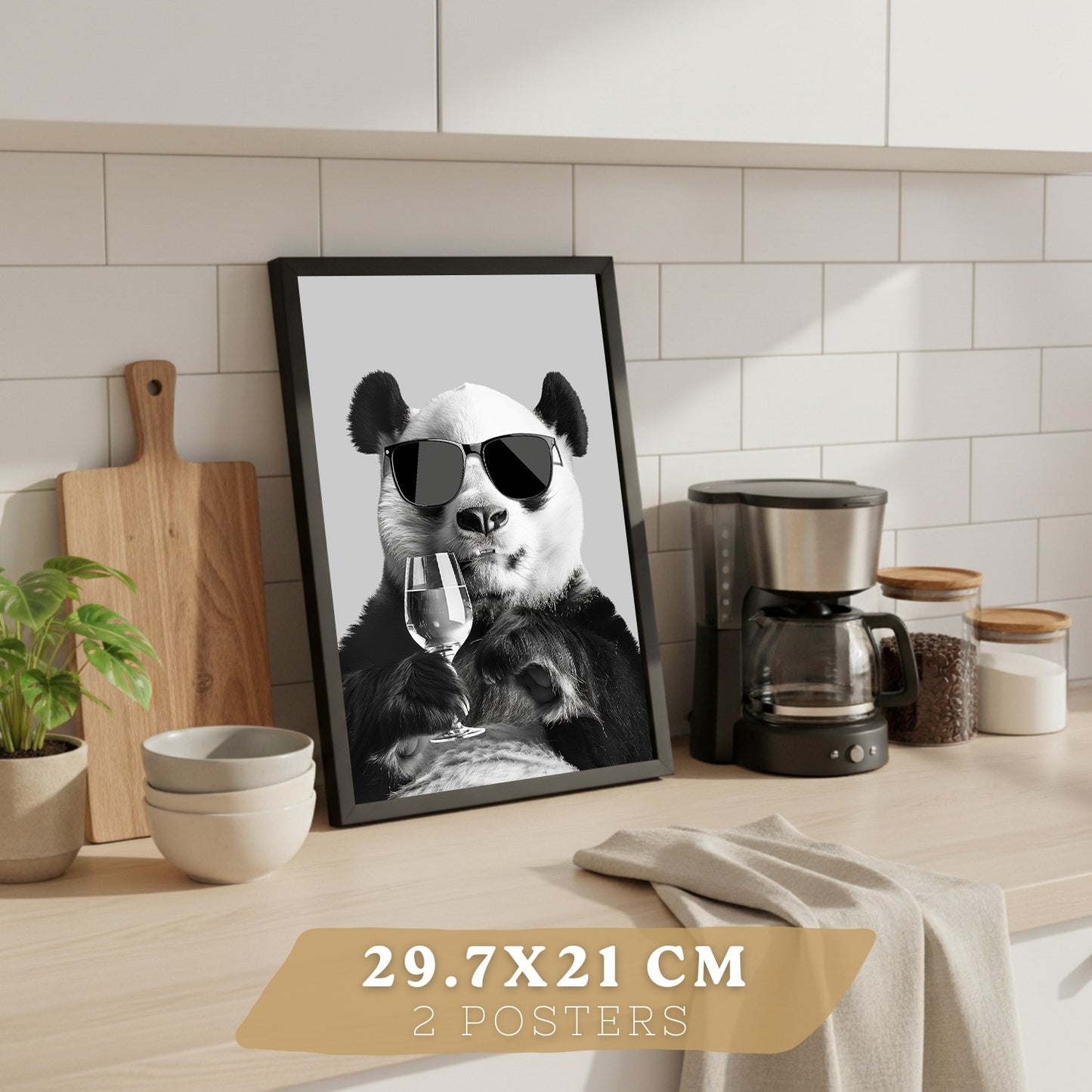 Set de 2 Láminas Panda Divertido Blanco y Negro Cuadros Cocina Animal Copa Vino y Taza Café Póster Decoración Pared