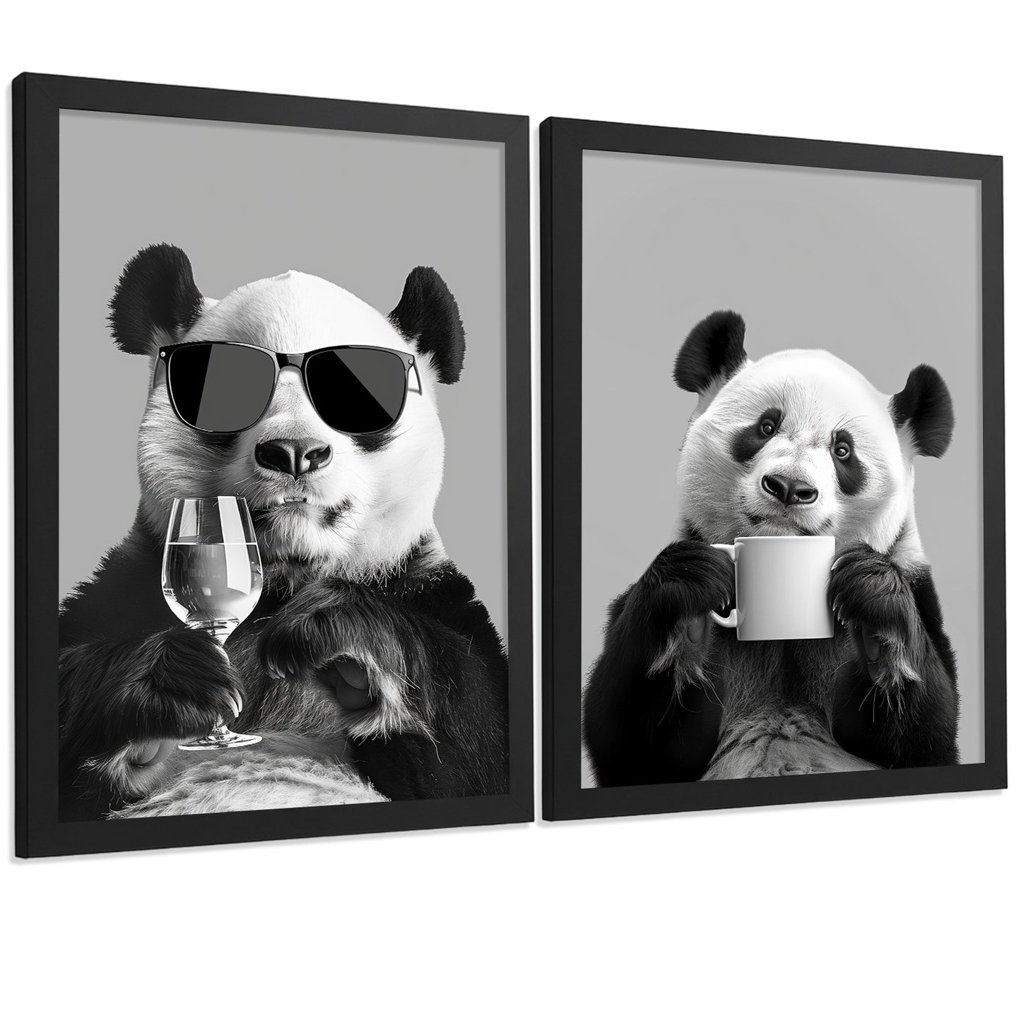 Set de 2 Láminas Panda Divertido Blanco y Negro Cuadros Cocina Animal Copa Vino y Taza Café Póster Decoración Pared