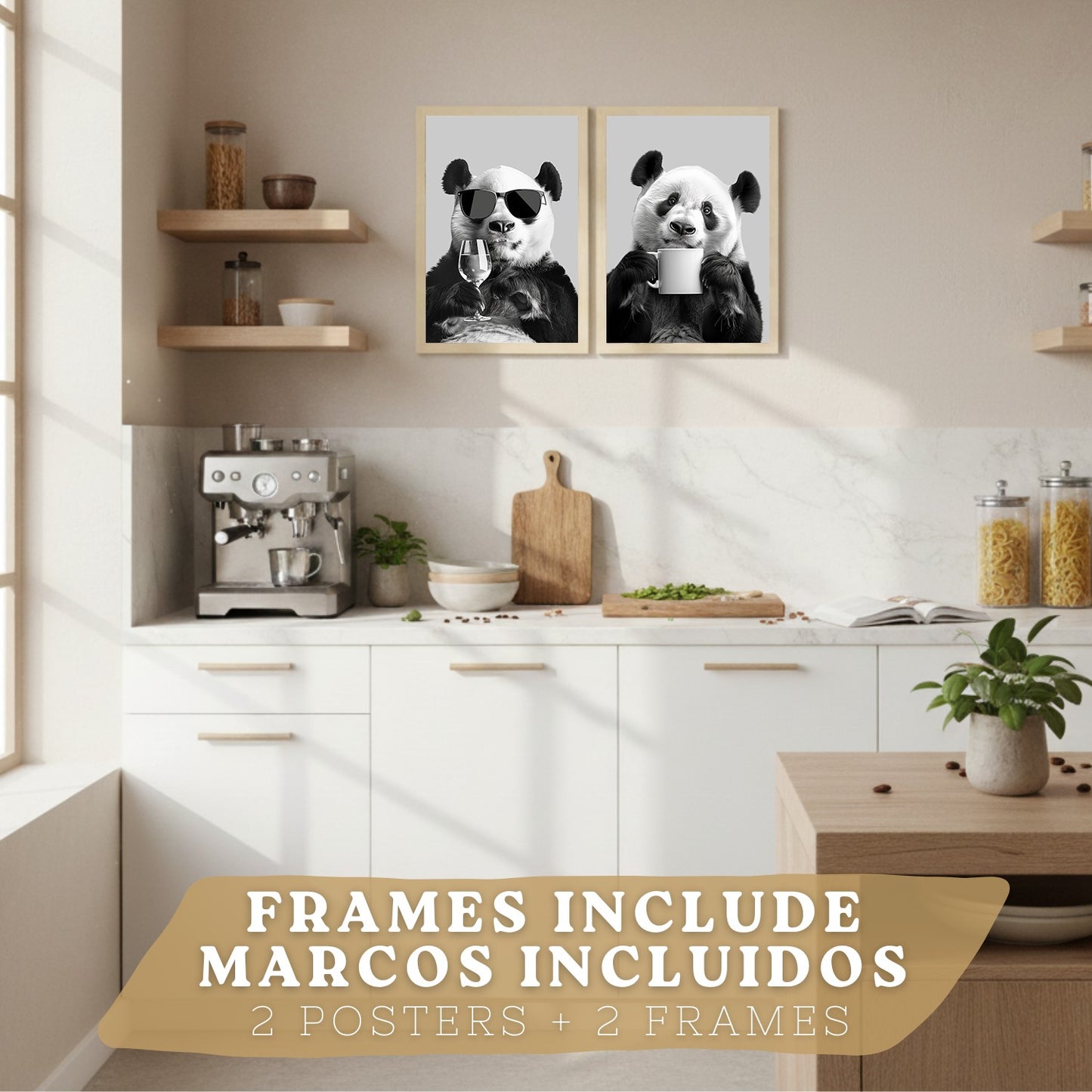 Set de 2 Láminas Panda Divertido Blanco y Negro Cuadros Cocina Animal Copa Vino y Taza Café Póster Decoración Pared