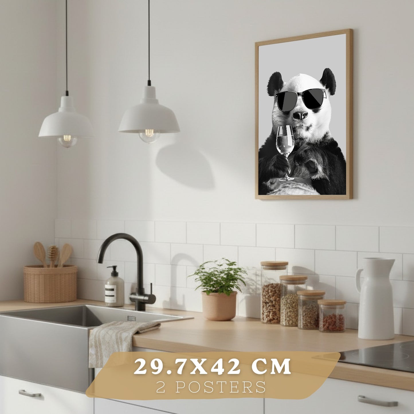 Set de 2 Láminas Panda Divertido Blanco y Negro Cuadros Cocina Animal Copa Vino y Taza Café Póster Decoración Pared