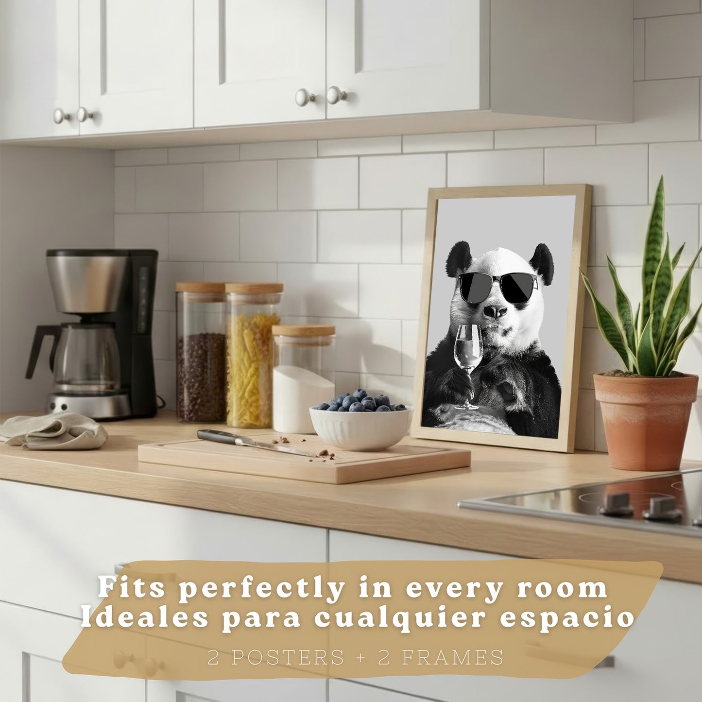 Set de 2 Láminas Panda Divertido Blanco y Negro Cuadros Cocina Animal Copa Vino y Taza Café Póster Decoración Pared