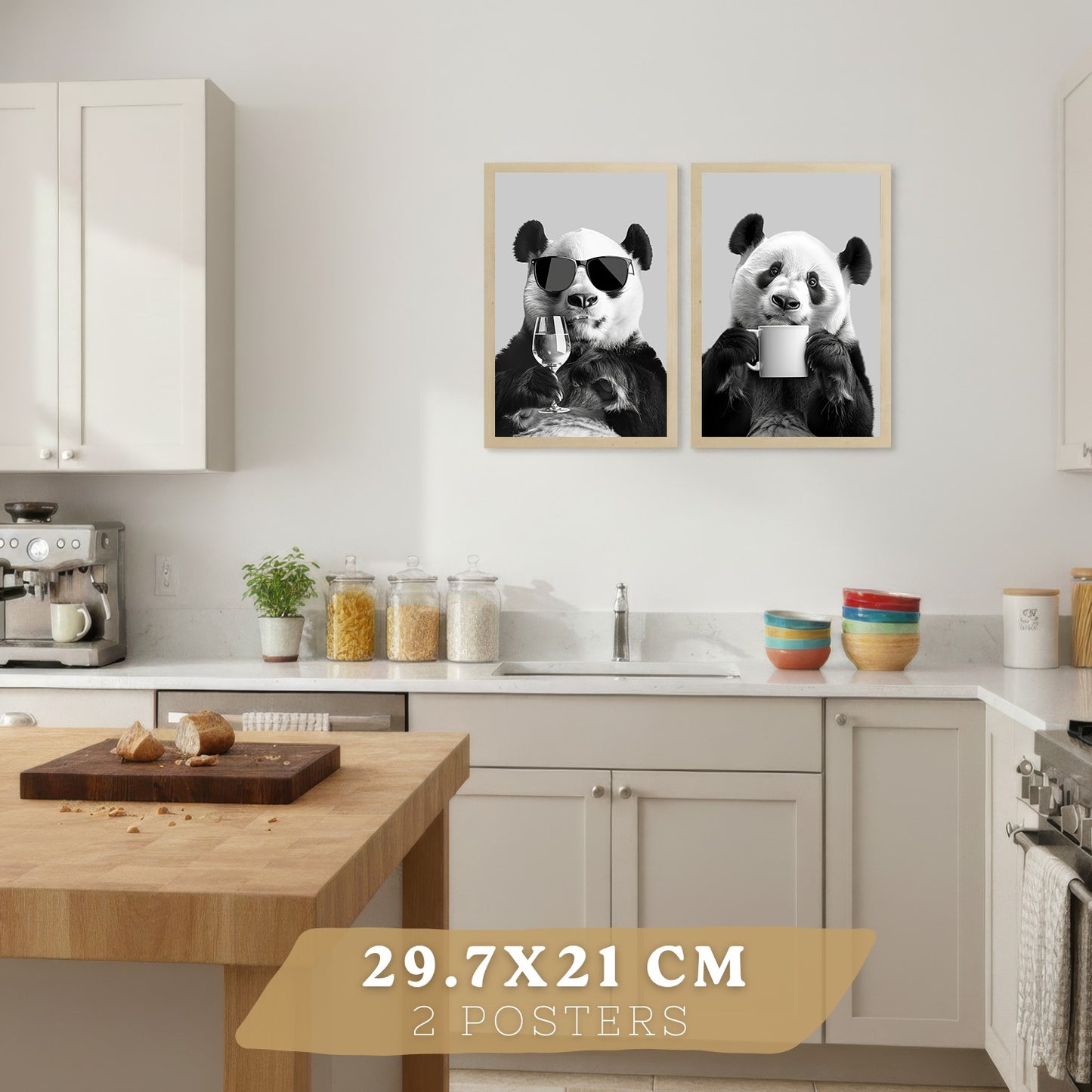 Set de 2 Láminas Panda Divertido Blanco y Negro Cuadros Cocina Animal Copa Vino y Taza Café Póster Decoración Pared