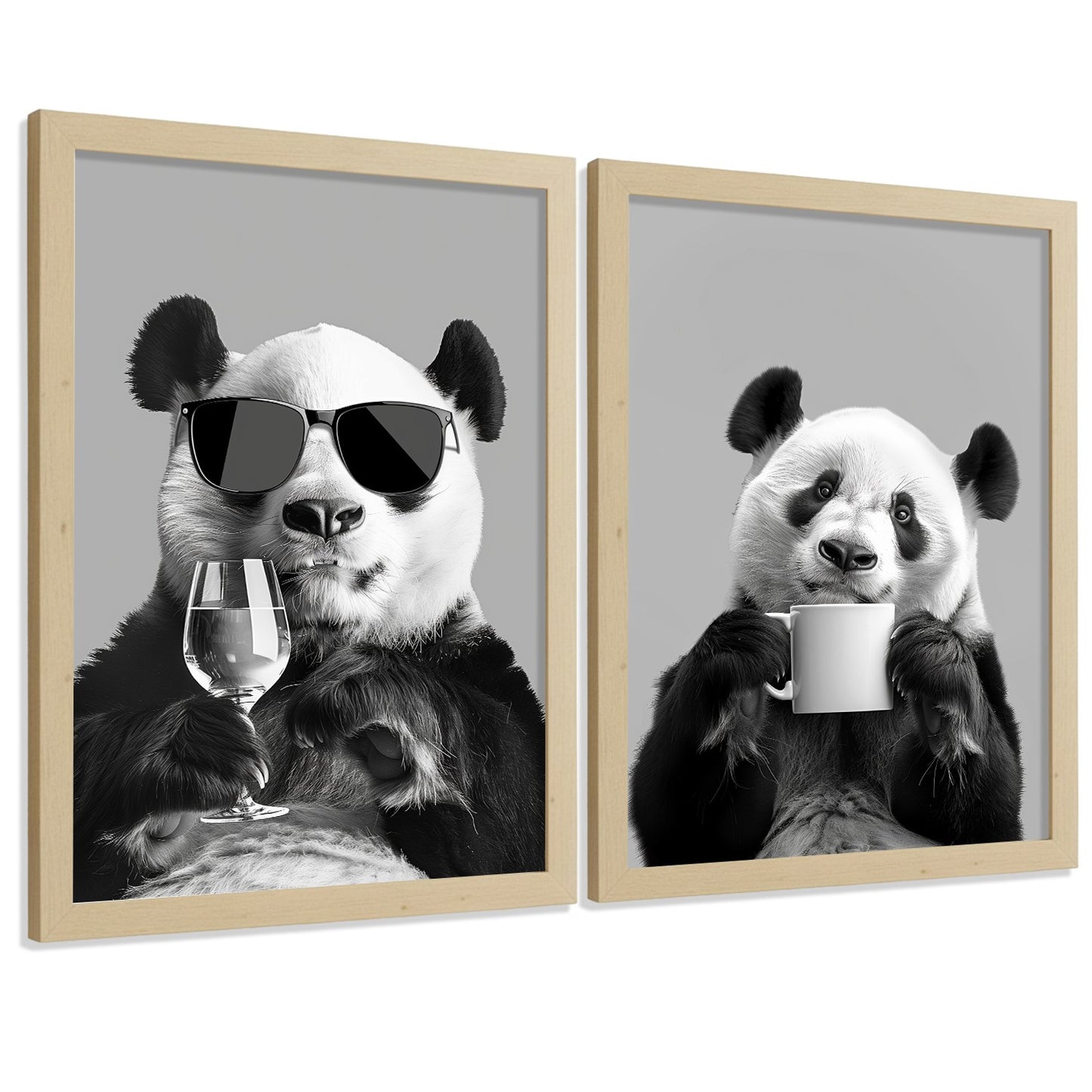 Set de 2 Láminas Panda Divertido Blanco y Negro Cuadros Cocina Animal Copa Vino y Taza Café Póster Decoración Pared