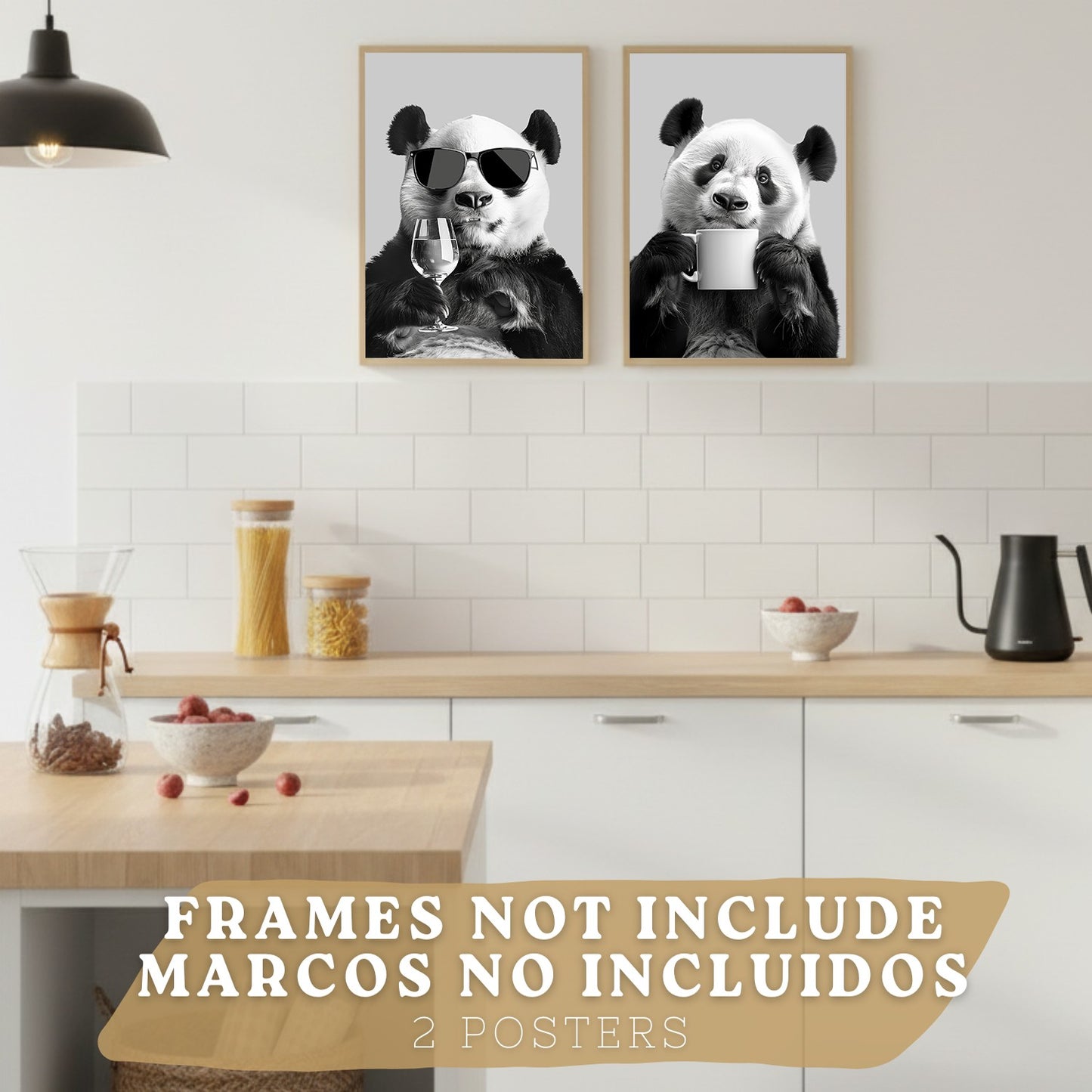 Set de 2 Láminas Panda Divertido Blanco y Negro Cuadros Cocina Animal Copa Vino y Taza Café Póster Decoración Pared