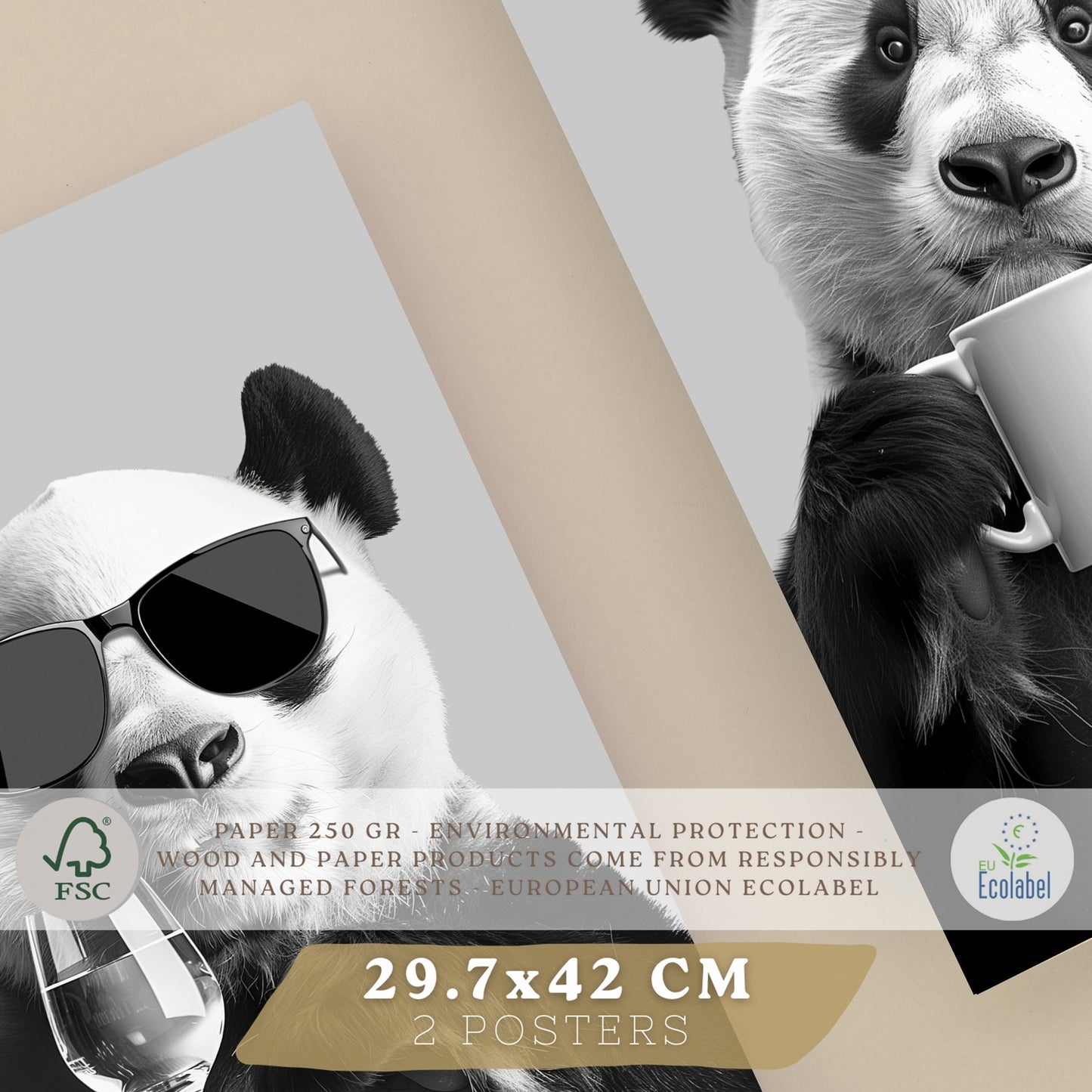 Set de 2 Láminas Panda Divertido Blanco y Negro Cuadros Cocina Animal Copa Vino y Taza Café Póster Decoración Pared