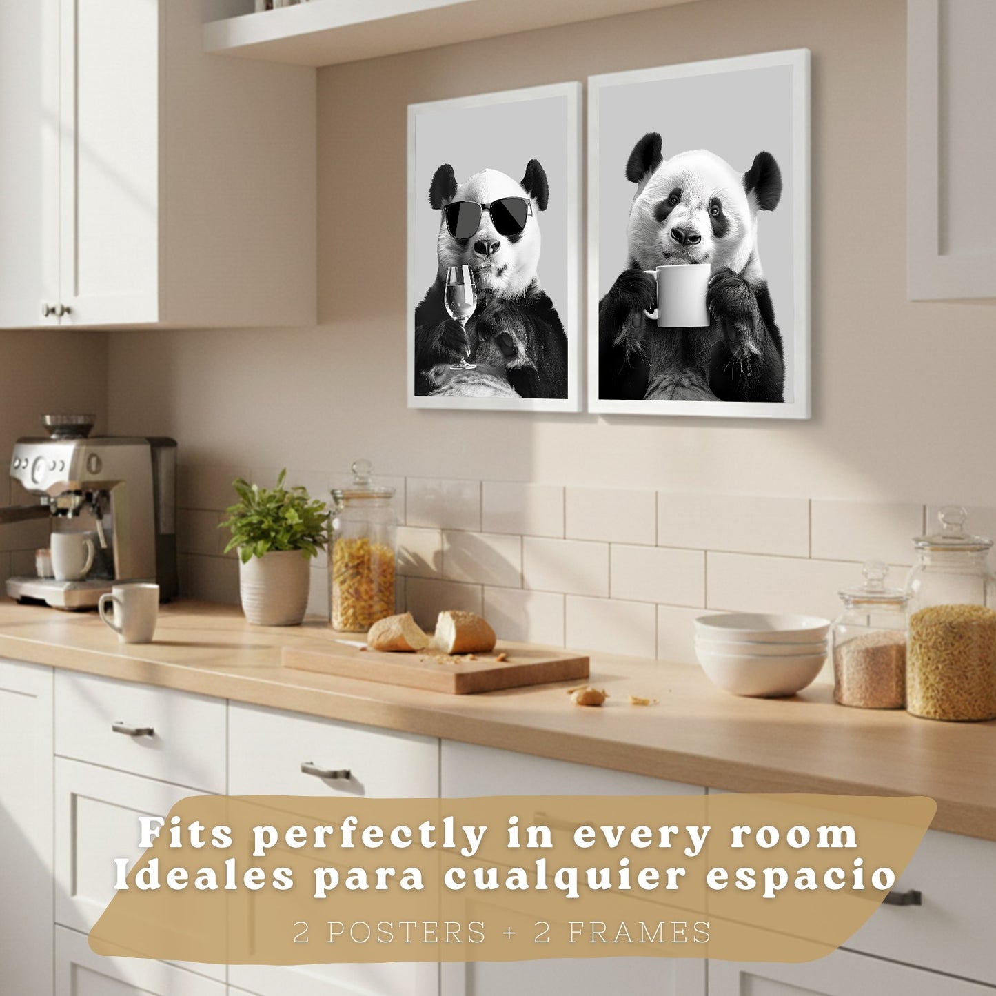 Set de 2 Láminas Panda Divertido Blanco y Negro Cuadros Cocina Animal Copa Vino y Taza Café Póster Decoración Pared