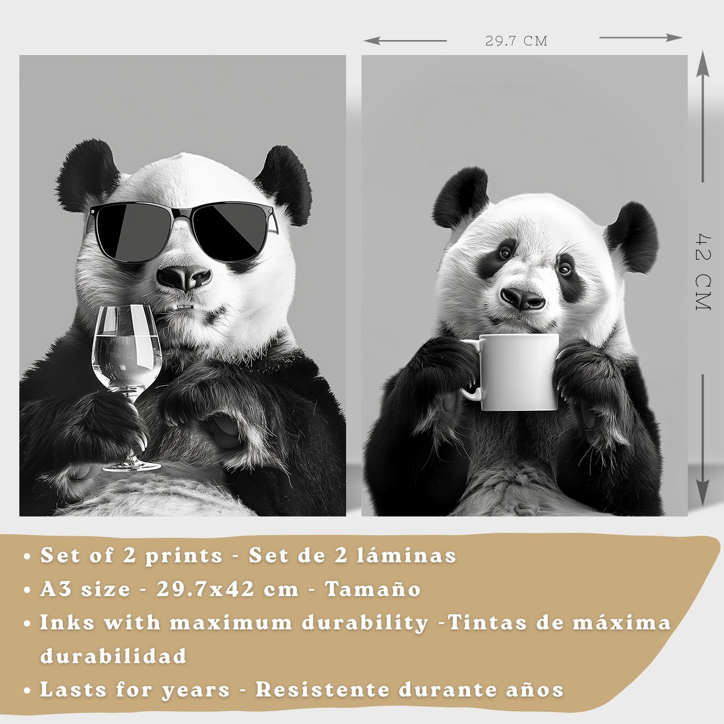 Set de 2 Láminas Panda Divertido Blanco y Negro Cuadros Cocina Animal Copa Vino y Taza Café Póster Decoración Pared