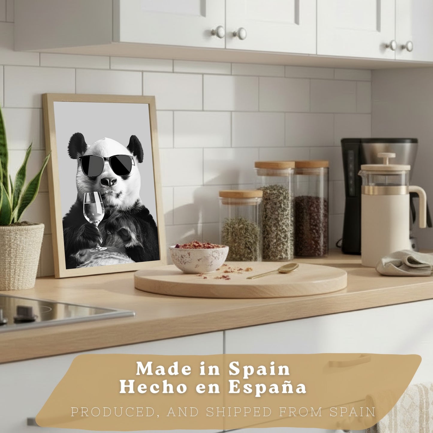 Set de 2 Láminas Panda Divertido Blanco y Negro Cuadros Cocina Animal Copa Vino y Taza Café Póster Decoración Pared