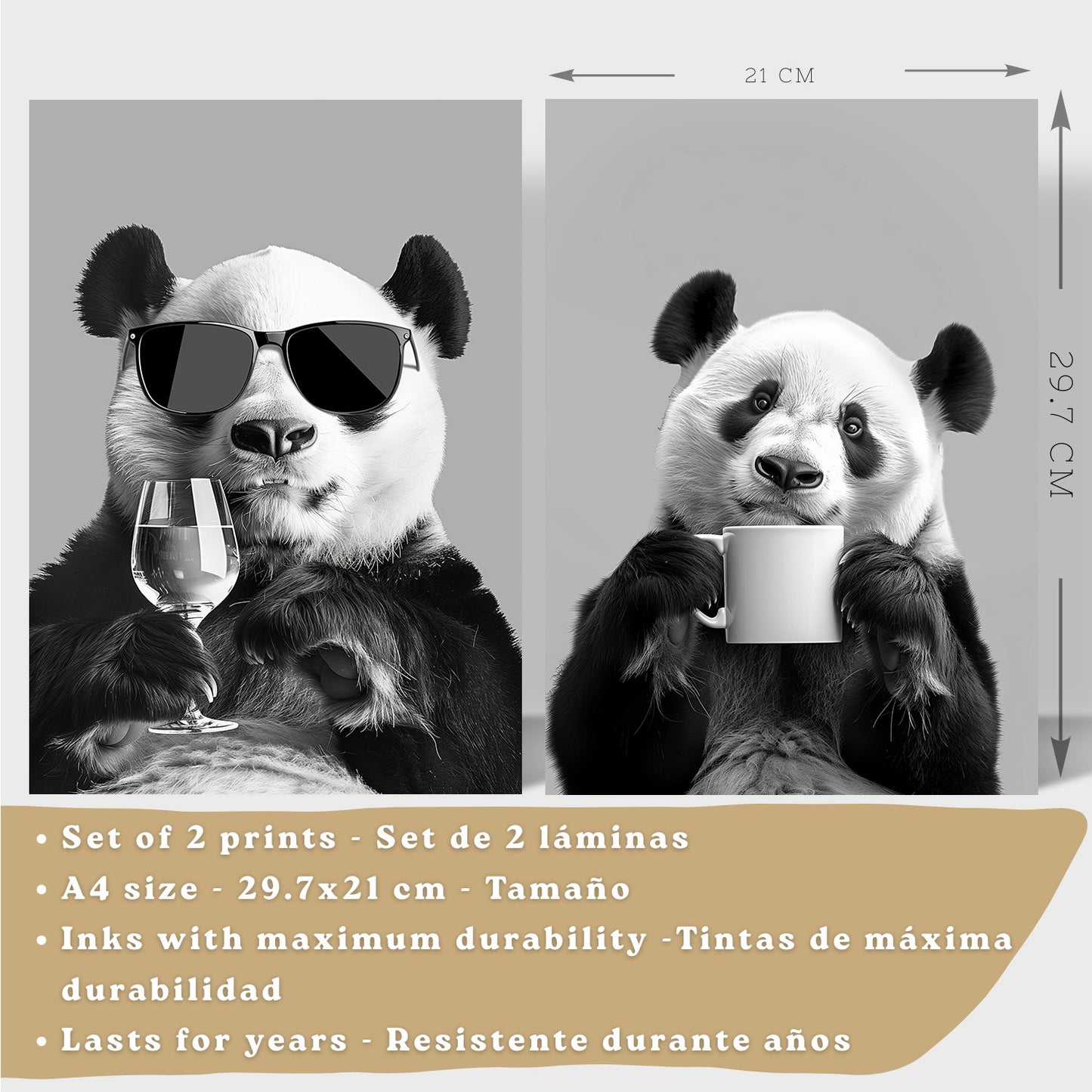 Set de 2 Láminas Panda Divertido Blanco y Negro Cuadros Cocina Animal Copa Vino y Taza Café Póster Decoración Pared