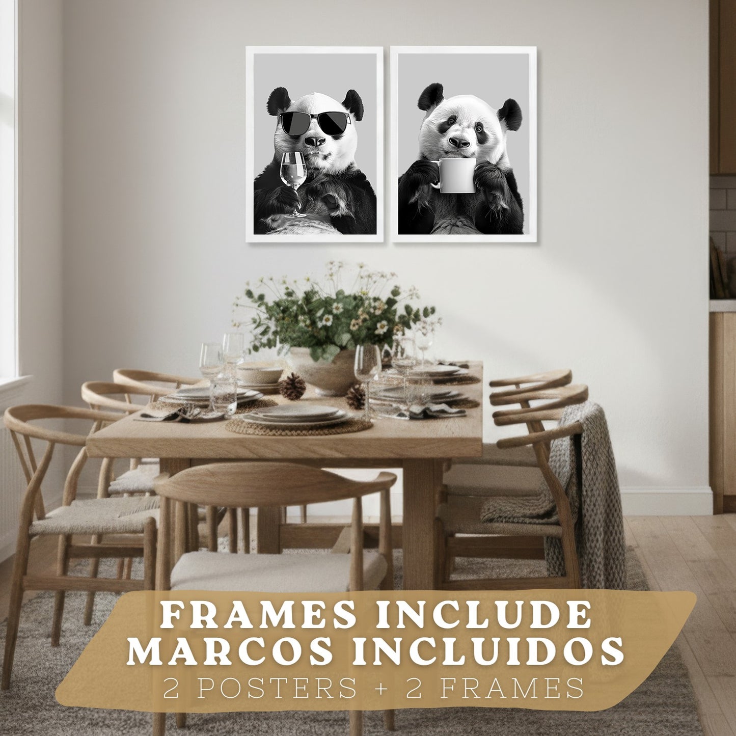 Set de 2 Láminas Panda Divertido Blanco y Negro Cuadros Cocina Animal Copa Vino y Taza Café Póster Decoración Pared