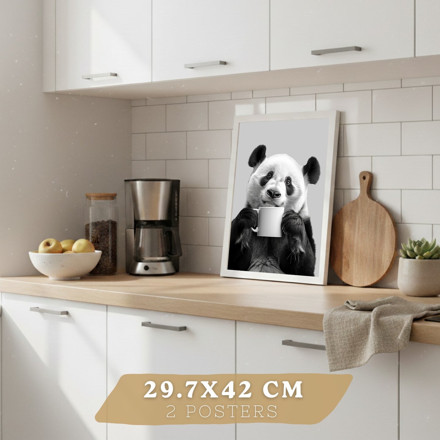 Set de 2 Láminas Panda Divertido Blanco y Negro Cuadros Cocina Animal Copa Vino y Taza Café Póster Decoración Pared