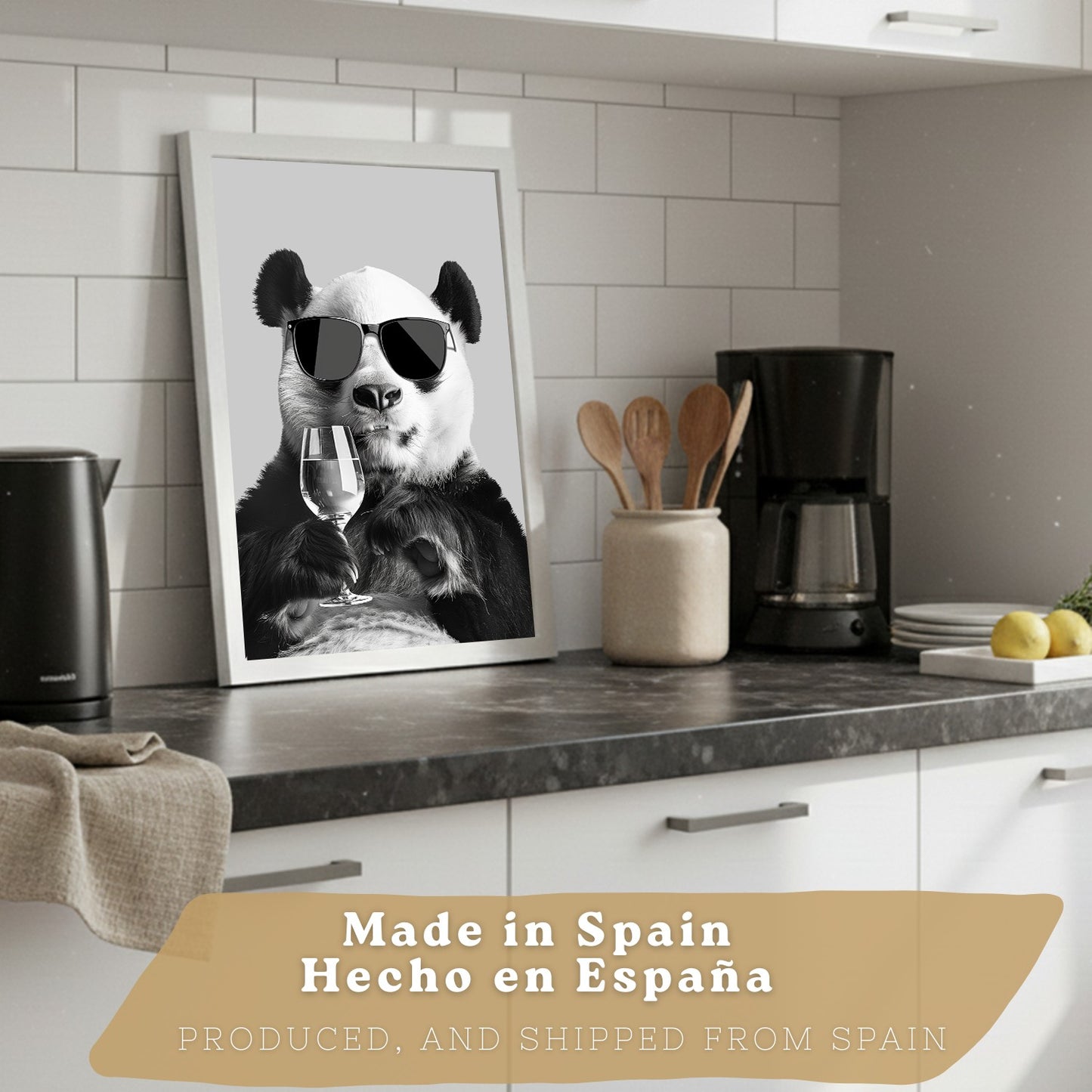 Set de 2 Láminas Panda Divertido Blanco y Negro Cuadros Cocina Animal Copa Vino y Taza Café Póster Decoración Pared