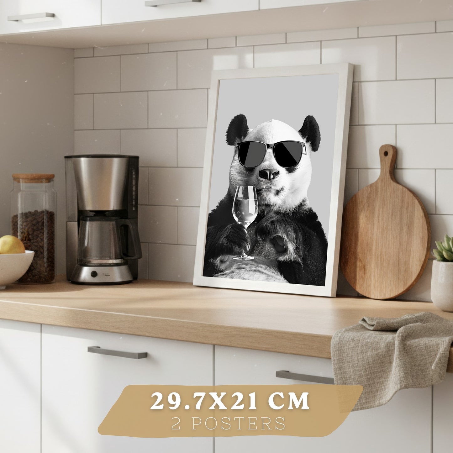 Set de 2 Láminas Panda Divertido Blanco y Negro Cuadros Cocina Animal Copa Vino y Taza Café Póster Decoración Pared