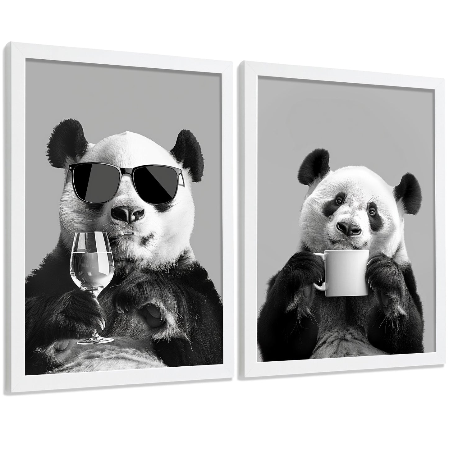 Set de 2 Láminas Panda Divertido Blanco y Negro Cuadros Cocina Animal Copa Vino y Taza Café Póster Decoración Pared