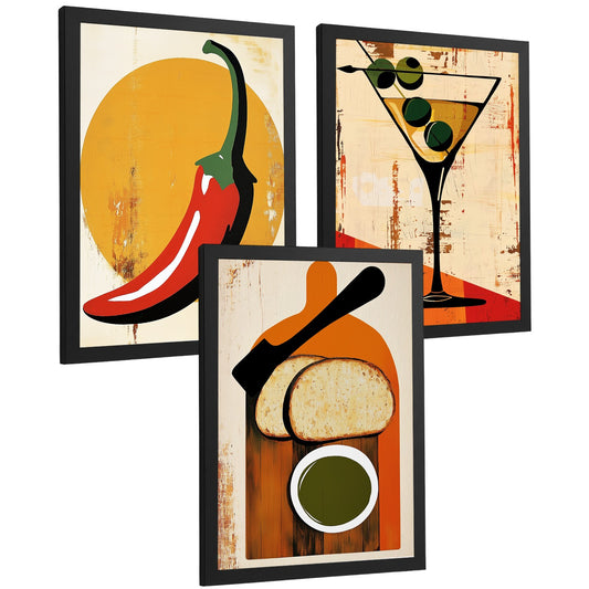 Set de 3 Láminas Cocina Vintage Retro Cuadros Pared Chile Martini y Pan Aceite Oliva Cartel Clásico Póster Decoración Comedor Bar