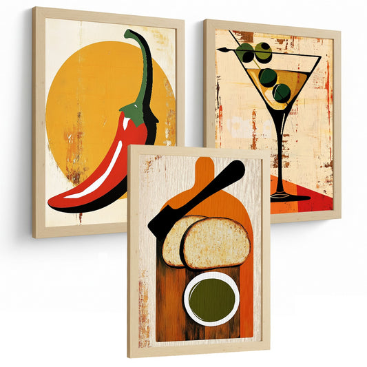 Set de 3 Láminas Cocina Vintage Retro Cuadros Pared Chile Martini y Pan Aceite Oliva Cartel Clásico Póster Decoración Comedor Bar