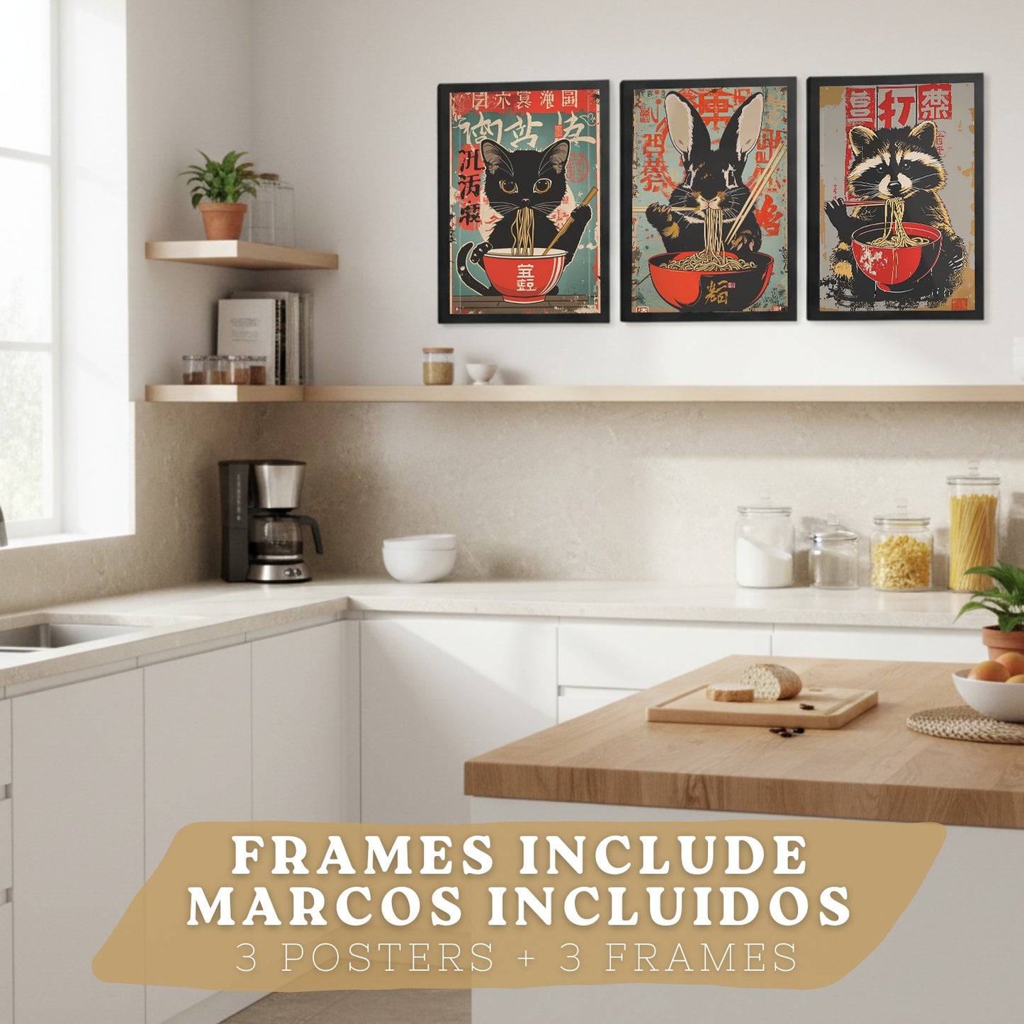 Set de 3 Láminas Animales Ramen Japonés Cuadros Cocina Gato Mapache y Conejo Comiendo Noodles Póster Decoración Pared