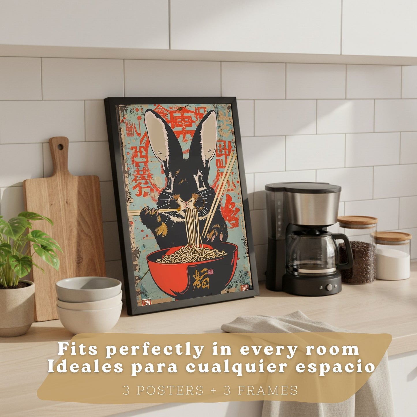 Set de 3 Láminas Animales Ramen Japonés Cuadros Cocina Gato Mapache y Conejo Comiendo Noodles Póster Decoración Pared