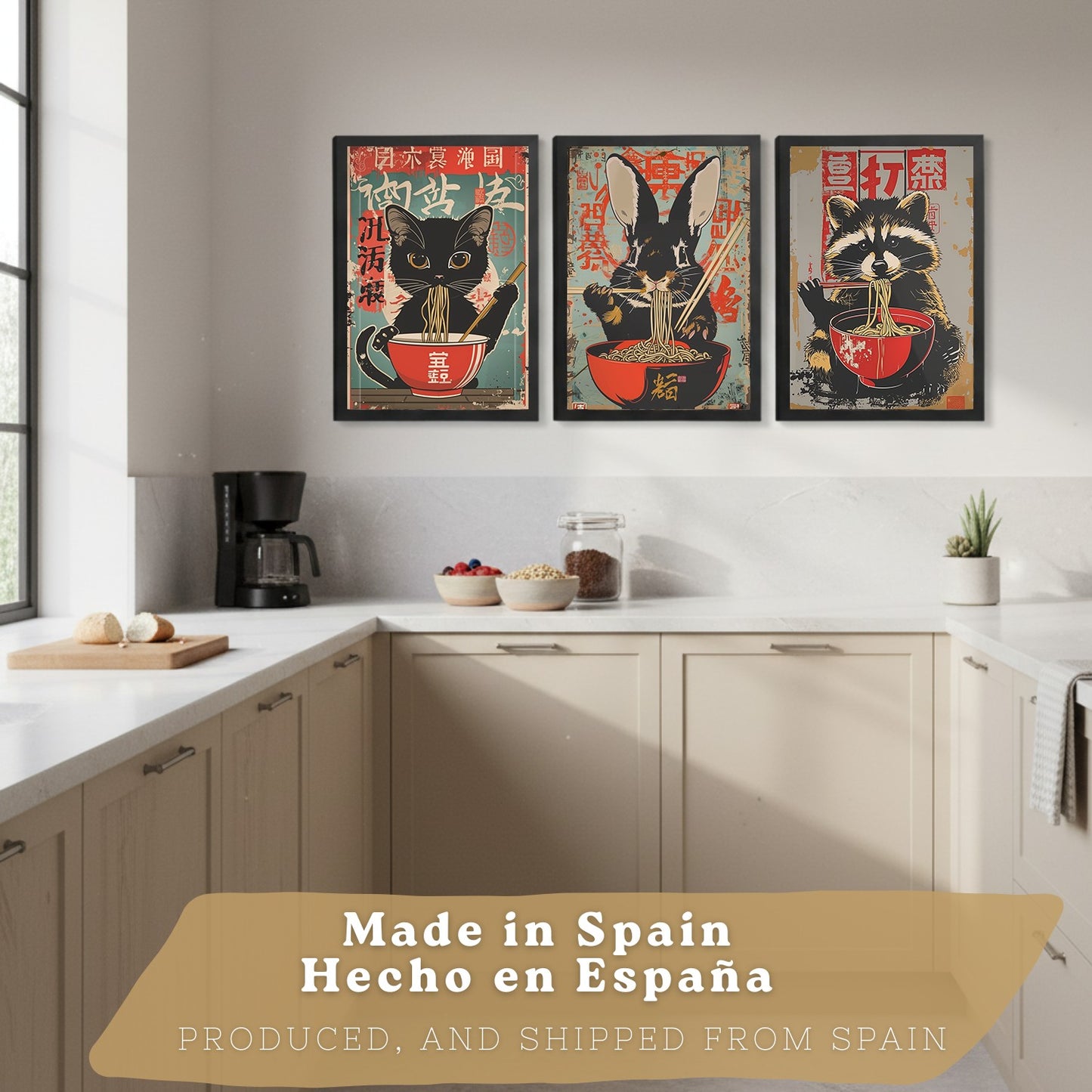 Set de 3 Láminas Animales Ramen Japonés Cuadros Cocina Gato Mapache y Conejo Comiendo Noodles Póster Decoración Pared