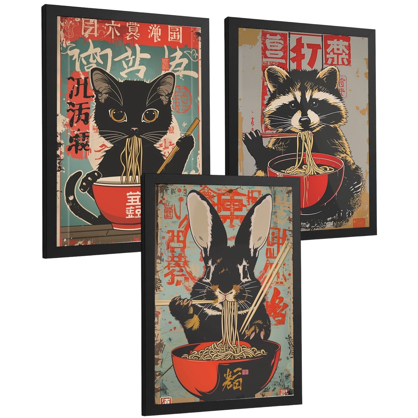 Set de 3 Láminas Animales Ramen Japonés Cuadros Cocina Gato Mapache y Conejo Comiendo Noodles Póster Decoración Pared